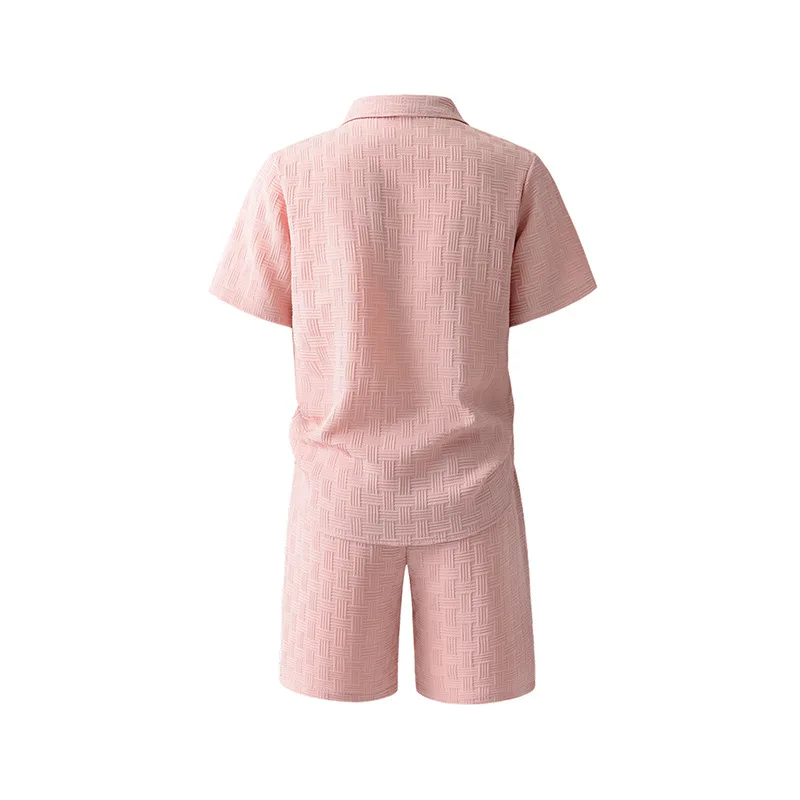 Herren Neues Freizeit-2-Teiler-Set: Einfarbiges Jacquard-Hemd mit Revers und Kurzarm, Shorts mit Kordelzug – Sommer-Outdoor-Reiseanzüge – Detail 23
