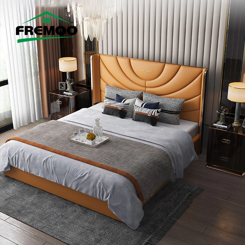 

Italian Minimalist Double Bed Leather Bedroom High-end Master Bedroom Soft Bed Custom King/Queen Size Double Bed