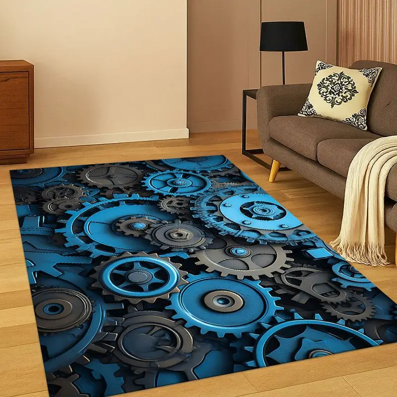 Retro Metal Mechanical Wheel Gear Carpet Rug for Bedroom Living Room Sofa Playroom Doormat Home Decor, Area Rug Non-slip