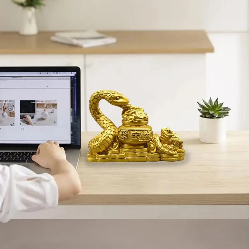 Year Of The Snake 2025 Retro Gold Feng Shui Snake Toad Statue Figurine Coin Money Wealth Luck Figurine Home Director Accessories