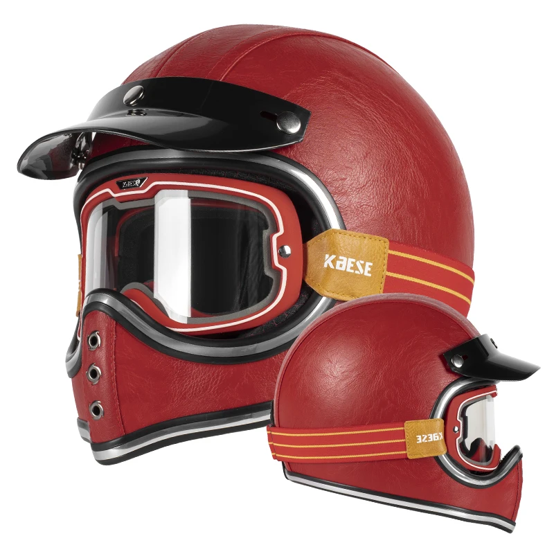 

Red Vintage Fiberglass Leather Helmet High-speed Motorcycle Helmet Cruiser Style Suitable for Vintage Motorcycles