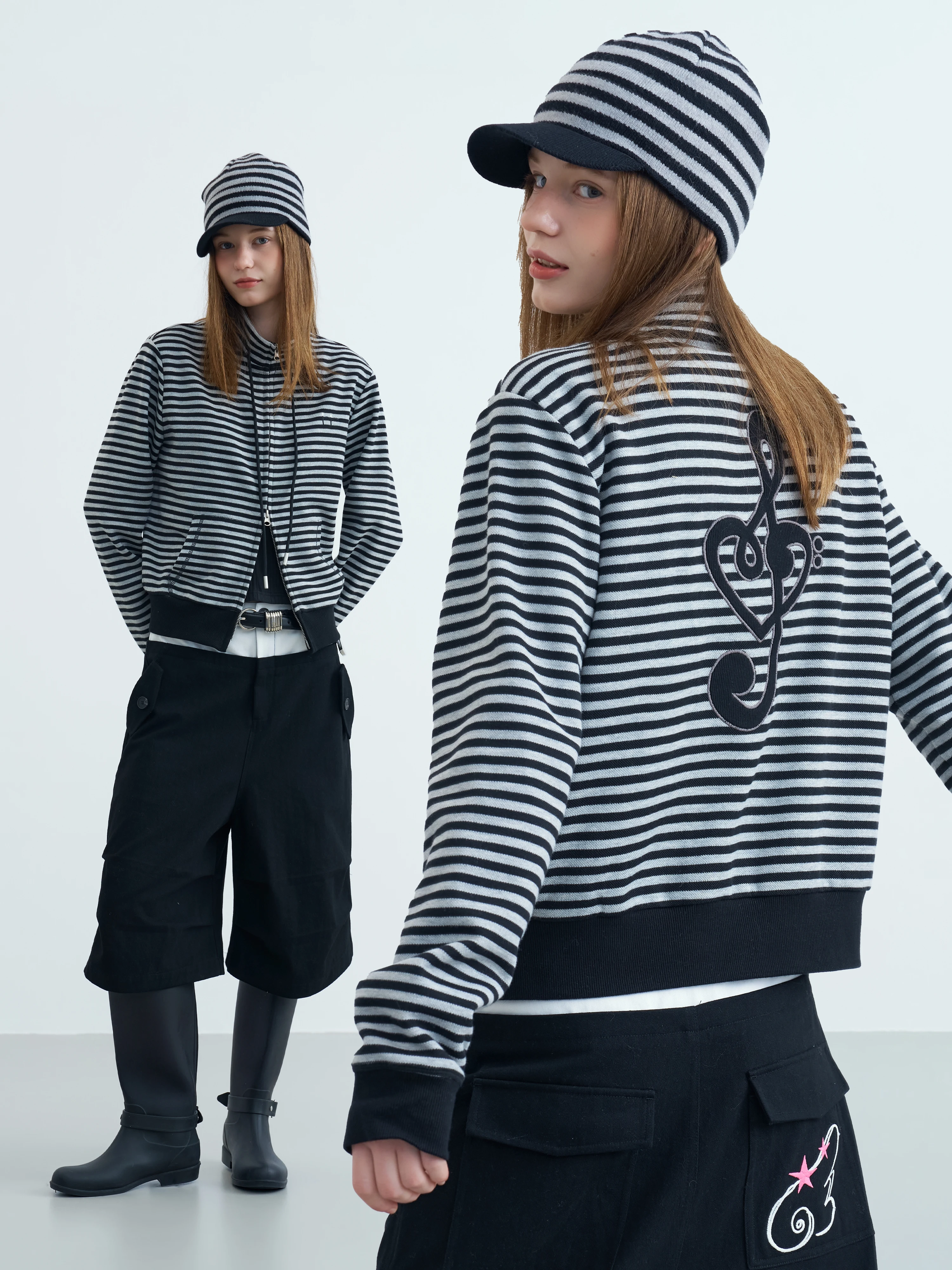 Riverstone plus Women's Drawstring Hoodie Stripe Pattern Zipper Pocket Stand Collar Slim Fit Outerwear Autumn Fashion Casual