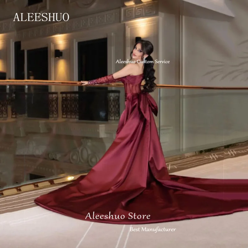 Aleeshuo Sexy Rode Off-Shoulder Geplooide Zeemeermin Prom Dress Kralen Hoge Zijde Split Avondjurk Court Trein Vestidos De Noche