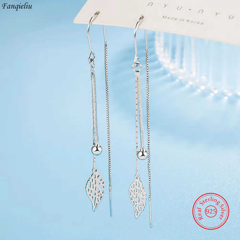 

Real 925 Sterling Silver New Jewelry Vintage Leaf Long Drop Earrings For Women FQL23016