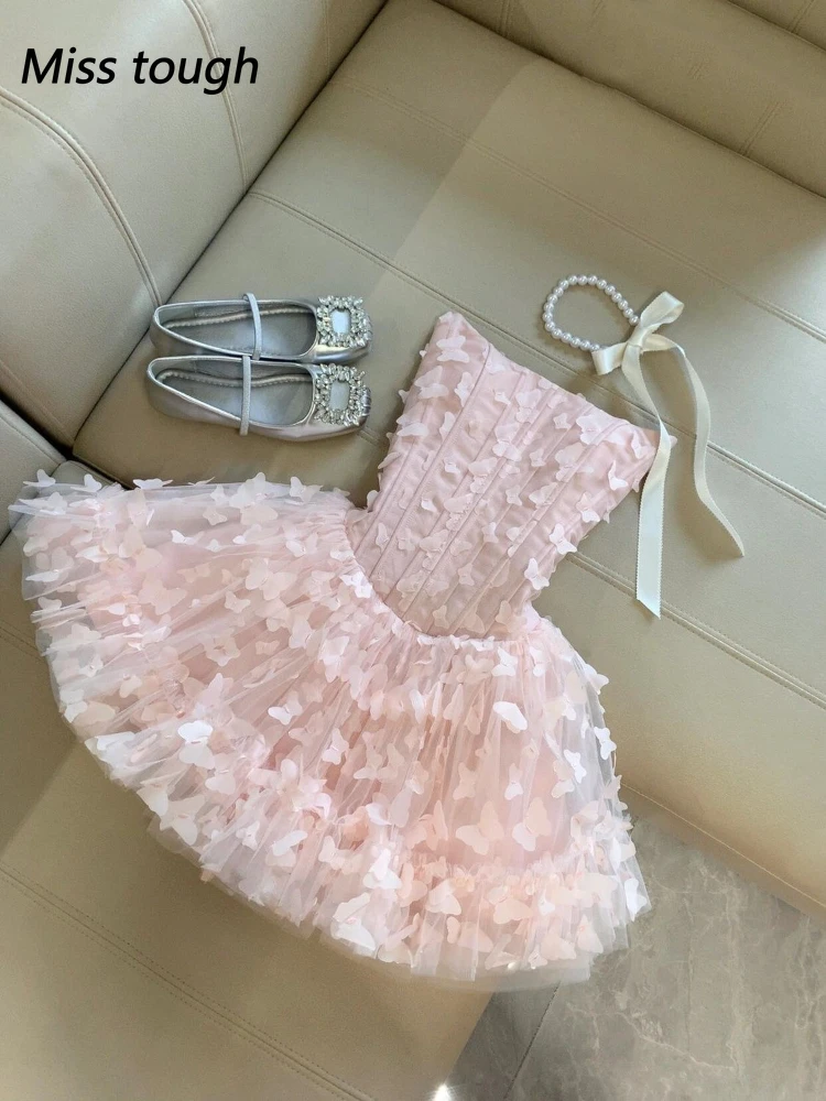 Frauen trägerloses rosa Kleid Sommer süße Schmetterling Mesh Minikleid schlanke elegante Fee Stil geschichteten Rüschenrock Prinzessin Outfits