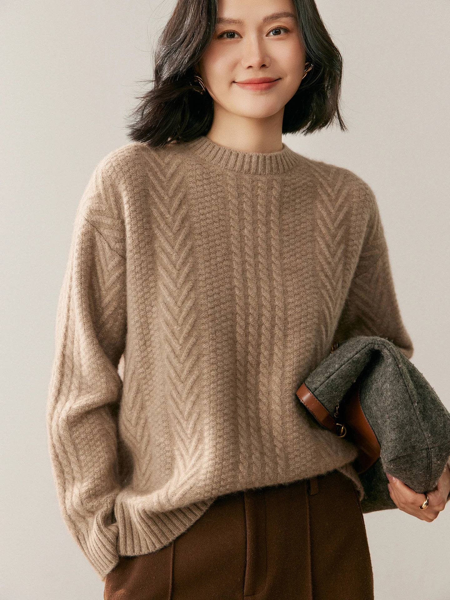 

TLOML Women 100% Cashmere Sweater Cable Knitting Pullover O-neck Long Sleeve Cashmere Knitwear Autumn Winter Thick Soft Warm Top