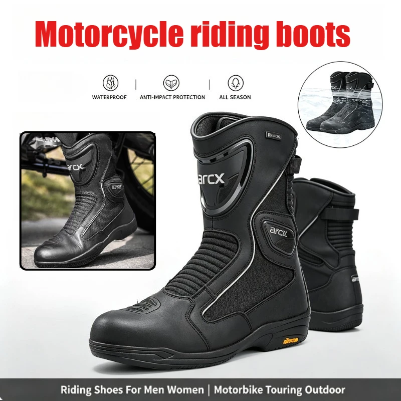 Motorcycle Touring Riding Boots Waterproof Genuine Leather Anti‑fall Protective Motorbike Shoes All Season for Men Women