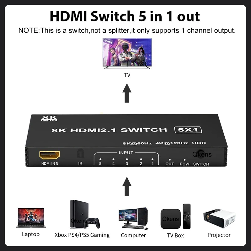 8K 60Hz HDMI Switch 5x1 HDMI2.1 Switcher 5 in 1 Out with IR Remote 3D VRR HDR 4K 120Hz Video Converter for Xbox PS4 PS5 PC To TV