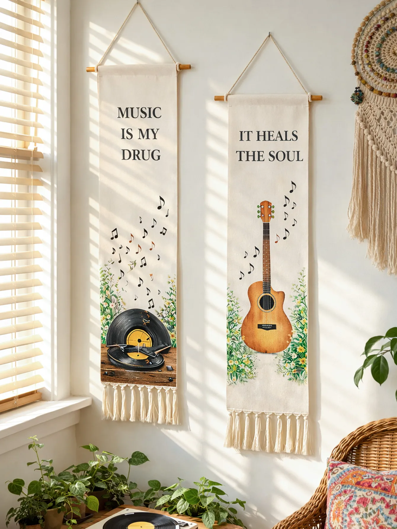 Makramee-Wandbehang mit Musikmotiv – Gitarren- und Schallplatten-Wandteppich, Boho-Wandkunst-Deko, Quastenbanner für Schlafzimmer, Wohnzimmer und Zuhause