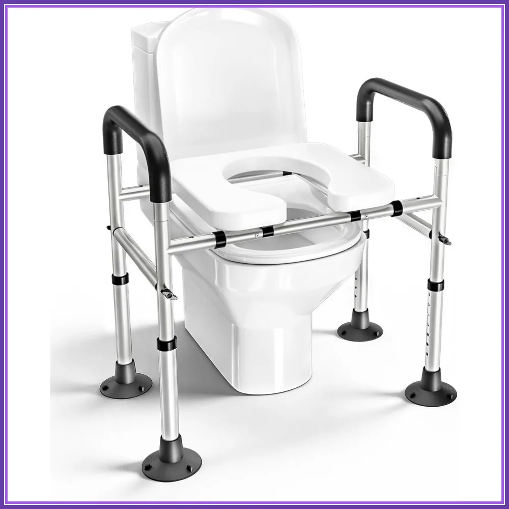 

Adjustable Raised Toilet Seat with Handles for Seniors, 400lbs Capacity, Soft Cushion & Removable Armrests