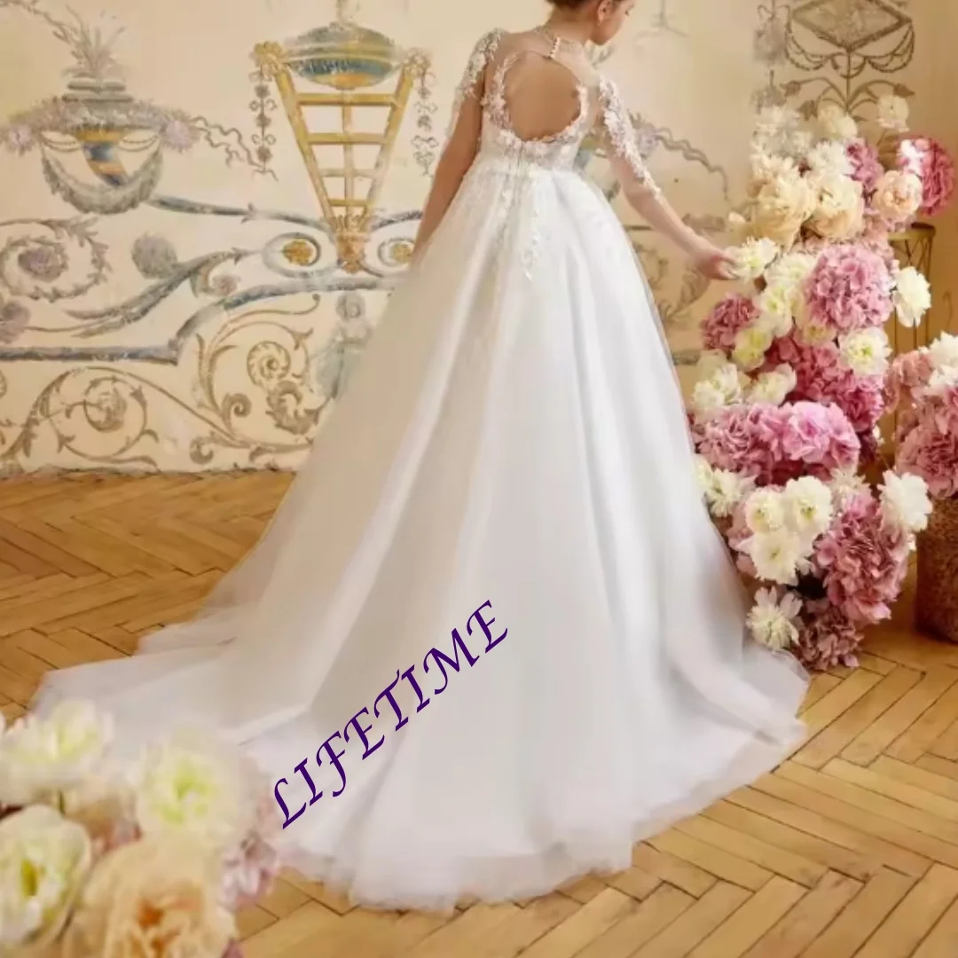 

CustomizedA Line White Flower Girl's Dresses for Wedding Long Sleeve First Communion Dress Lace Appliqued Baby Girl's Birthday P