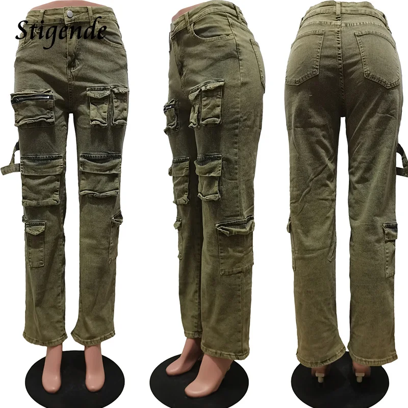 Stigende Cargo Jeans Trousers Women Zipper Pocket Vintage Denim Pants Y2k Streetwear