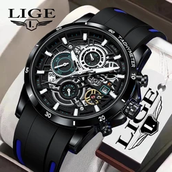 LIGE New Watches Mens Luxury Brand Big Dial Watch Men Waterproof Quartz Wristwatch Sports Chronograph Clock Relogio Masculino