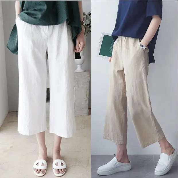 Summer Wide Leg Pants for Women Cotton Linen Casual High Waist Trousers Comfortable Breathable Loose Fit Pants