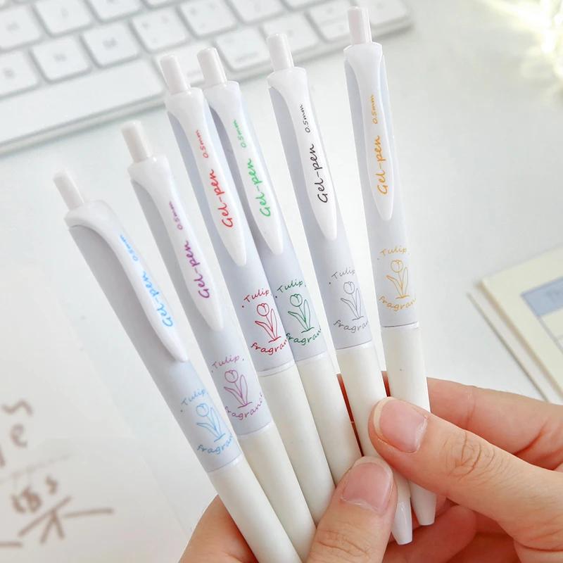 6pcs Tulip Fragrance Gel Pen Set Fresh Flower 0.5mm Ballpoint Quick Dry Black Color Ink for Writing School Office F7239