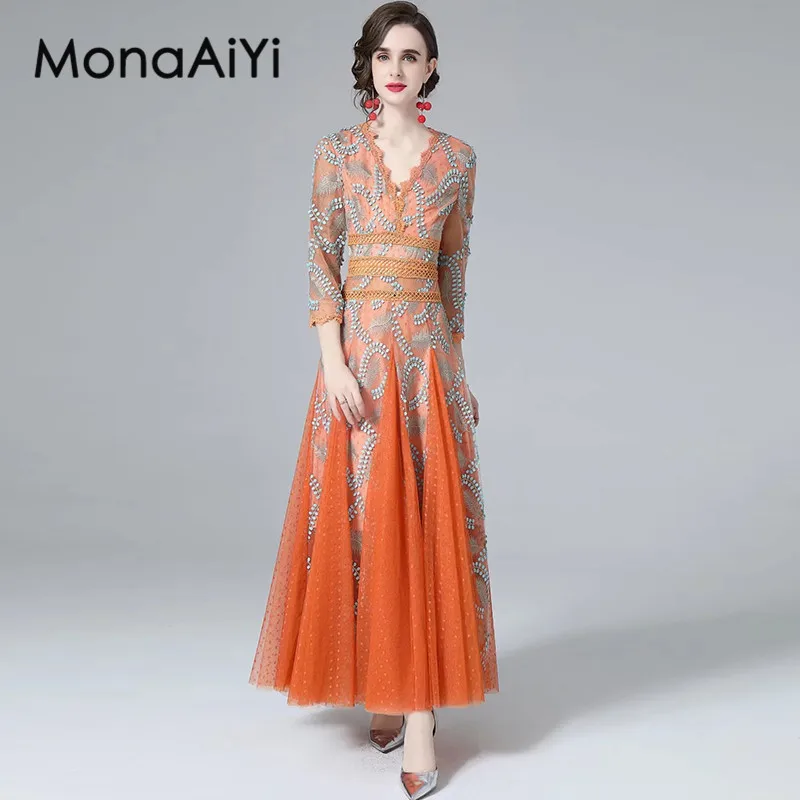 MonaAiYi-vestido de baile vintage para mulheres, vestido bordado, vestido oco, decote em v, manga três quartos, ocasião formal, outono