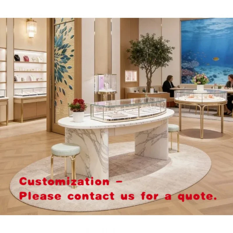 

custom.Luxury Curved Jewelry Display Table | Calacatta Marble Base Aluminium Metal Frame | Oval Glass Showcase Built-in LED Show