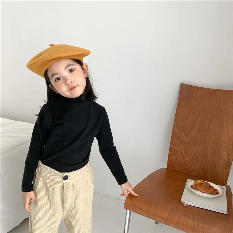 Girls Top 2024 Autumn New Childrens Clothing Boys and Girls Foreign Style Solid Color Semi-high Neck Elastic Base Shirt Casual