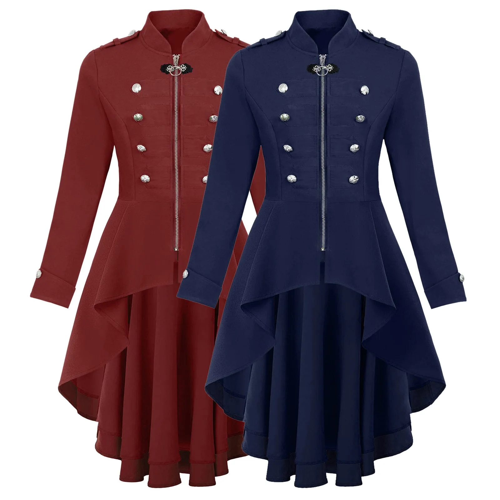 Women's Medieval Steampunk Jacket Renaissance Retro Red Double Breasted Zipper Trench Coat Dress Gothic Slim Overcoat For Women