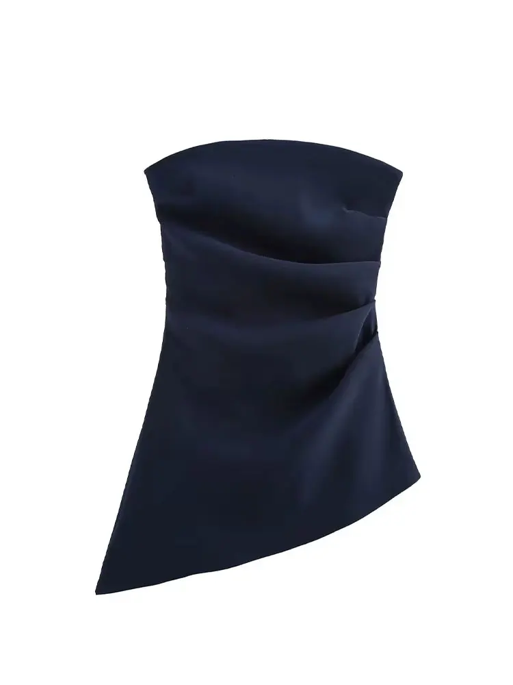 HH Women\'s Pleated Decorated Asymmetric Off-Shoulder Sleeveless Top Female Fashion Sexy Zipper Streetwear Casual Bandeau Top