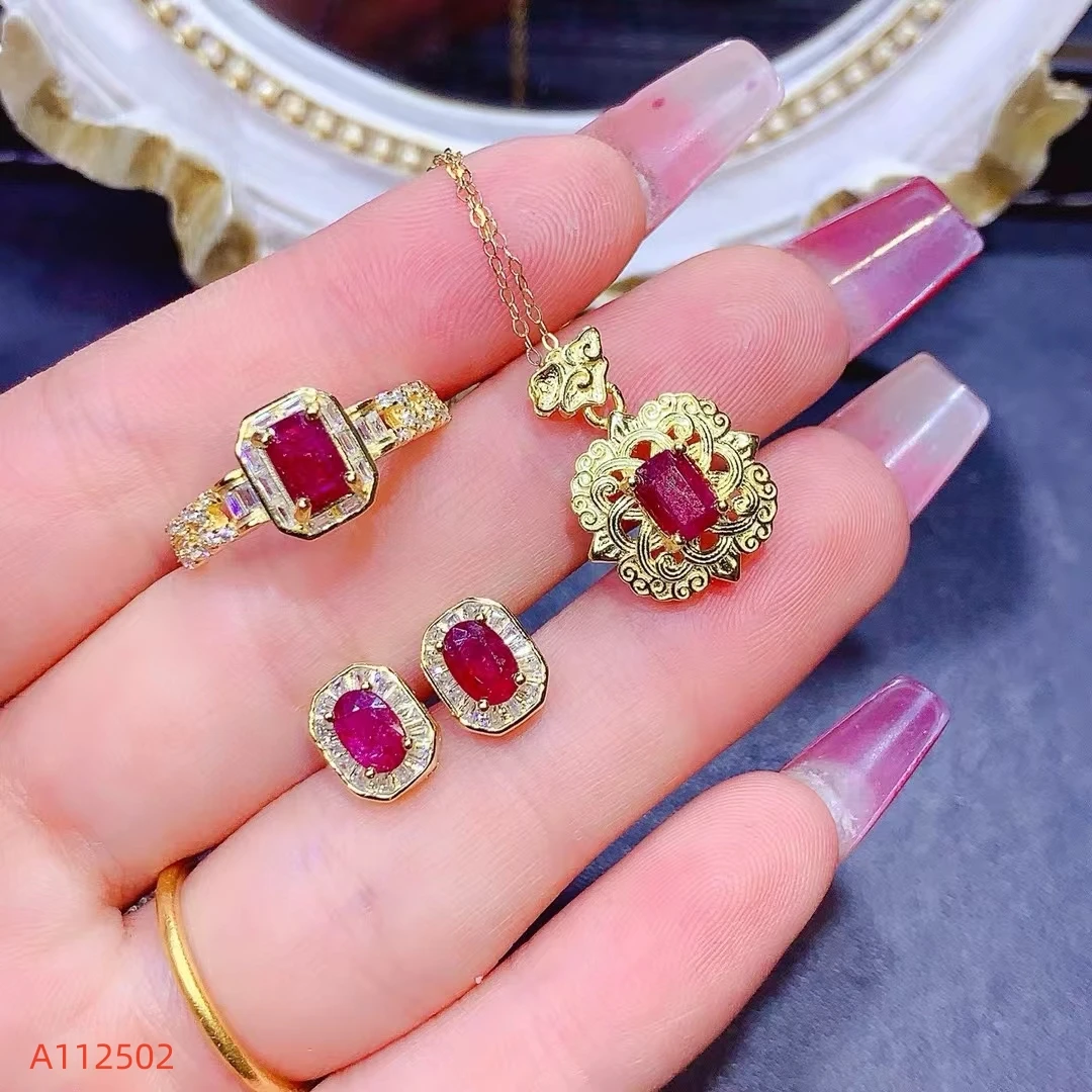 KJJEAXCMY Natural Ruby Women's Necklace Earring Ring Set S925 Silver Electroplating Process Inlaid High Clarity Gem Support Test