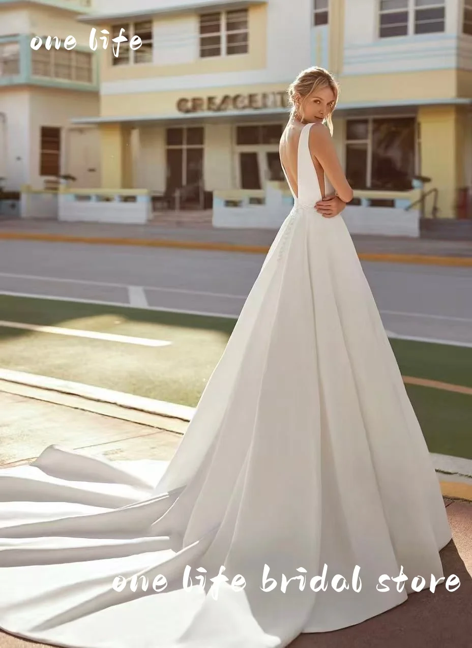 OL Luxury Civil Mikado Satin Wedding Dress V Neck 2025 Vestidos De Novia Sexy Beach Bridal Dresses Backless Customized
