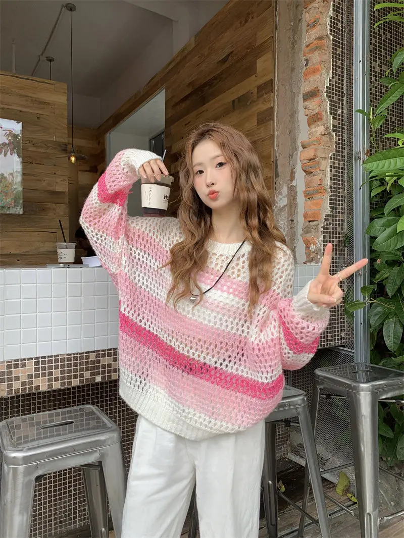 Pink Long Sleeve T-shirt Women Summer Thin Section Hollow Ice Silk Knit Sunscreen Coverall Korean Loose Tops Rainbow Stripes