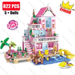 2024 Girls Seaside Villa Castle Building Blocks Beach House Classic Friends Girl's Model Princess Figures Toy Kids Birthday Gift