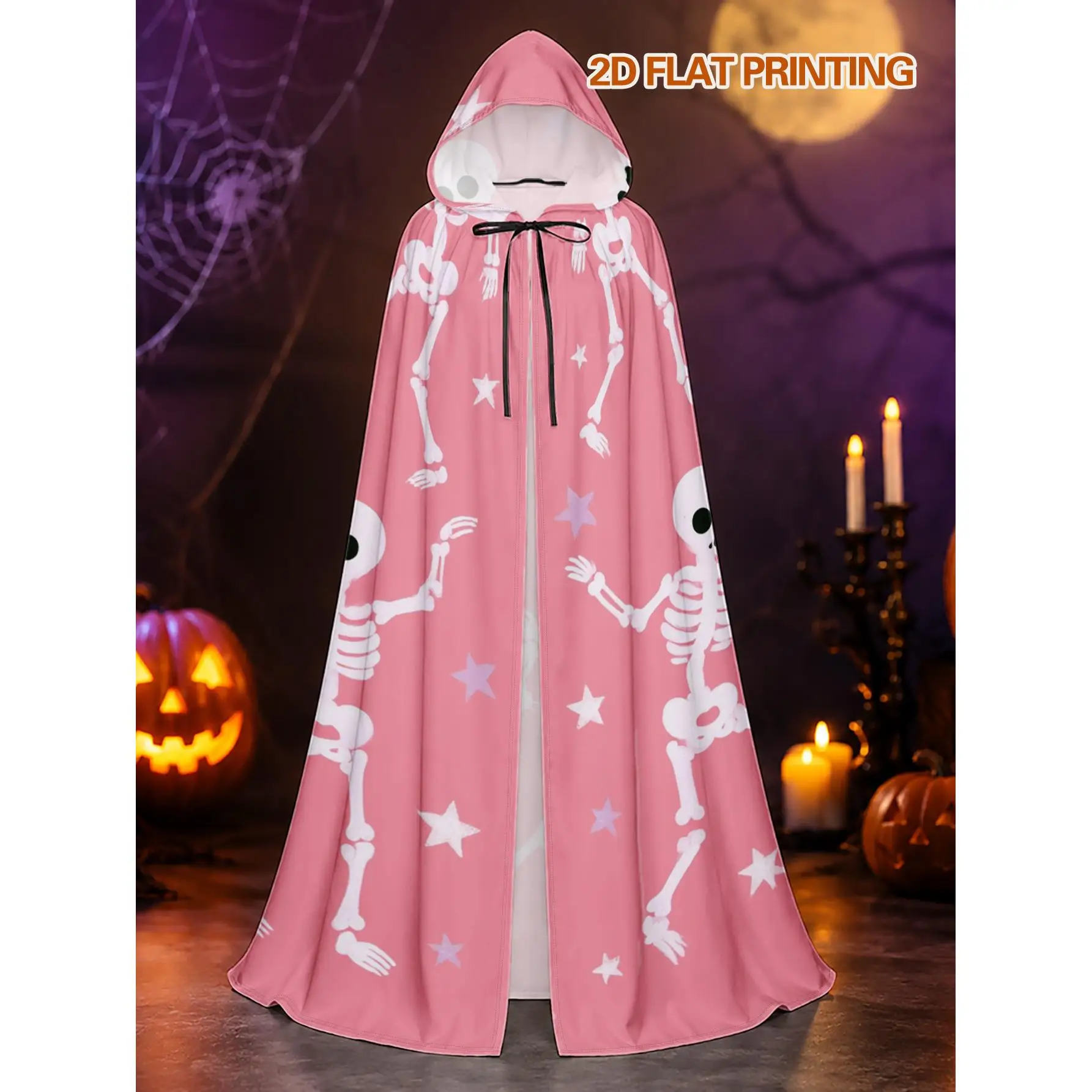 Adult Polyester Hooded Robe with Dancing Skeletons on Pink Background Design Suitable for Halloween Cosplay and Christmas