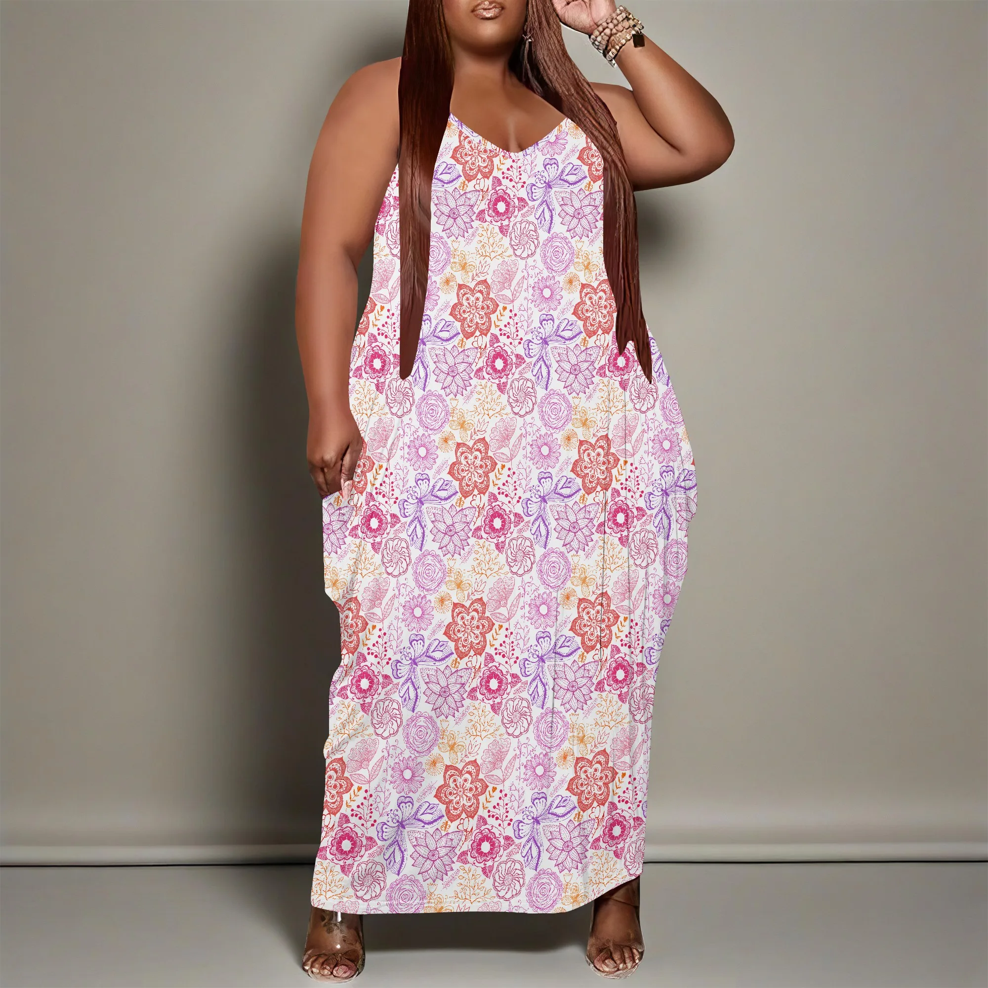 Women's Plus Size Dress Floral Print Loose Halter Maxi Dress with Pocket Stretchy Casual XL-6XL