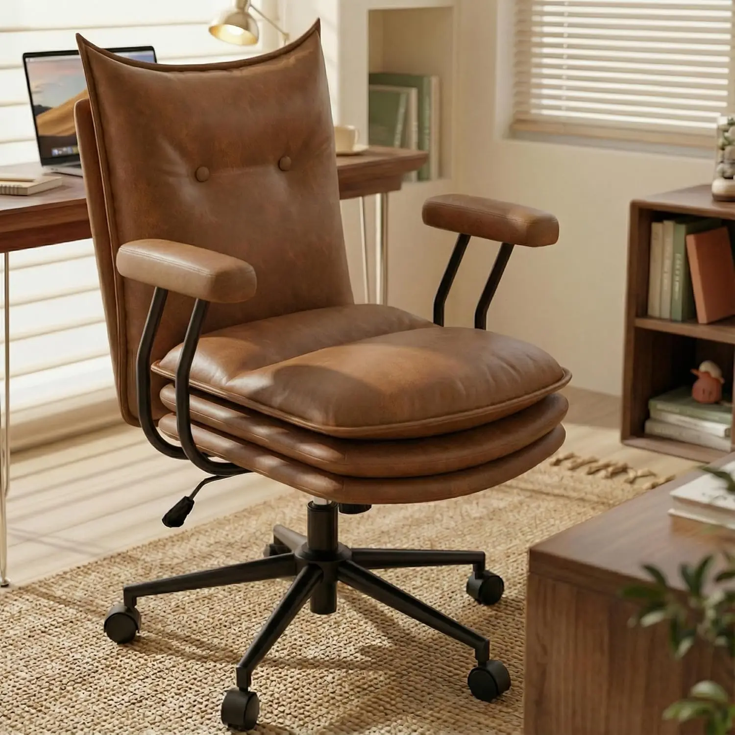 

Brown Office Chair with Triple-Layers Thicken Wide Seat,Mid-Century Modern Computer Chair for Home Office