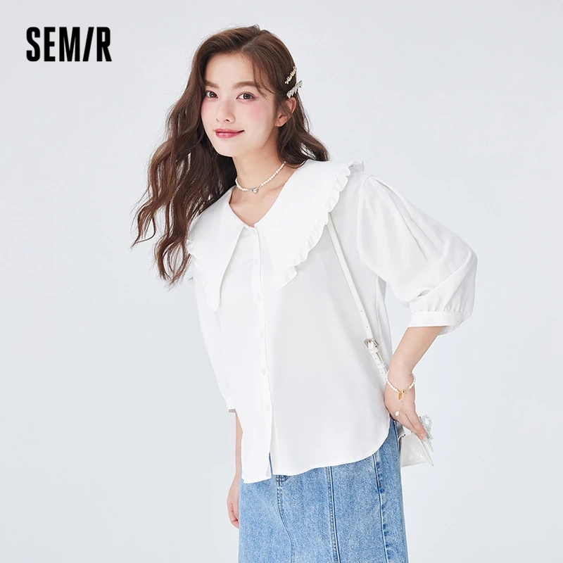 Semir Women Shirt Middle-sleeve Shirt Autumn New Easy-care White Gentle Stringy Selvedge Large Lapel Collar Clothes Shirt