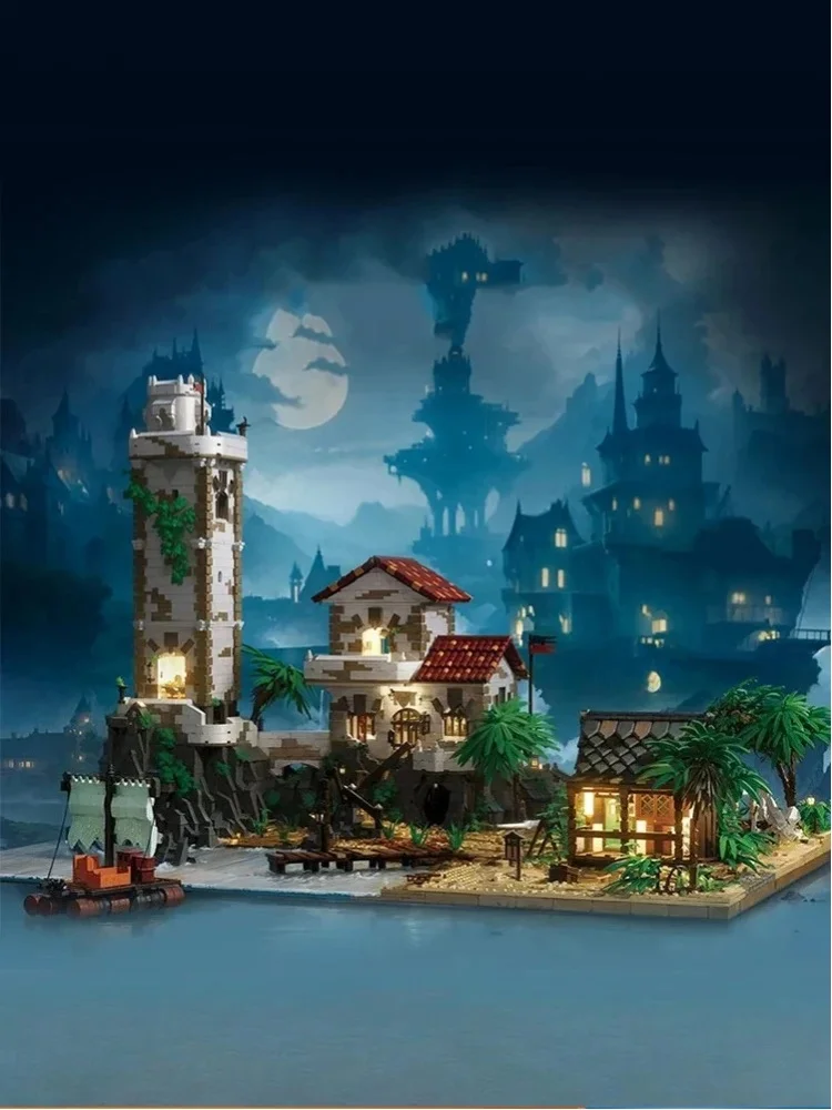 8028-teiliges Piratenbucht-Festungs-Modulbaustein-Set, mittelalterliches Inselfort mit Leuchtturm & Dock, Konstruktionsbaustein-Modellbausatz, aufwendiges DIY-Modell zum Zusammenbauen mit tropischen