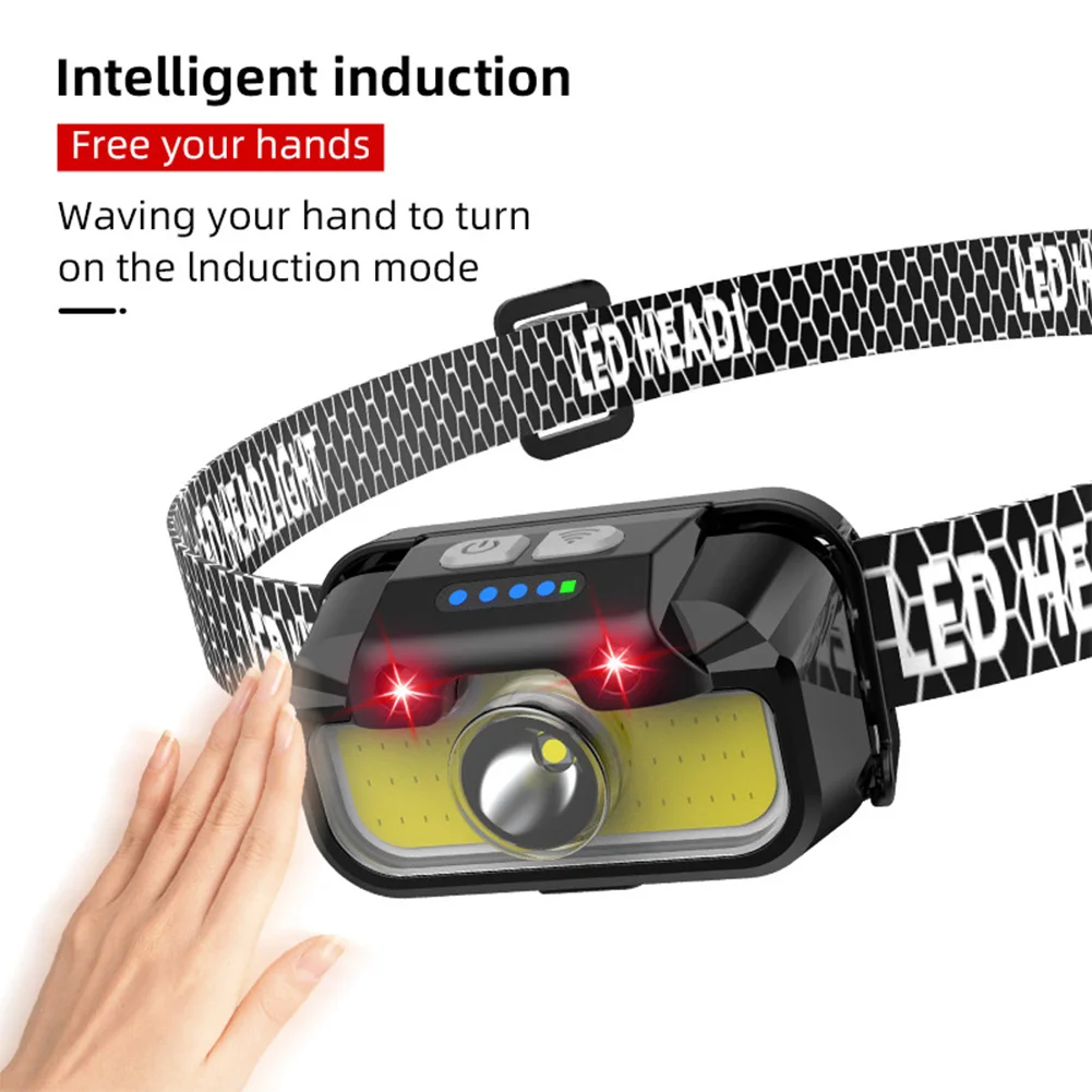 Faro con sensore di movimento a LED con torcia frontale esterna bianca rossa verde Display di alimentazione Potente torcia frontale per la pesca notturna