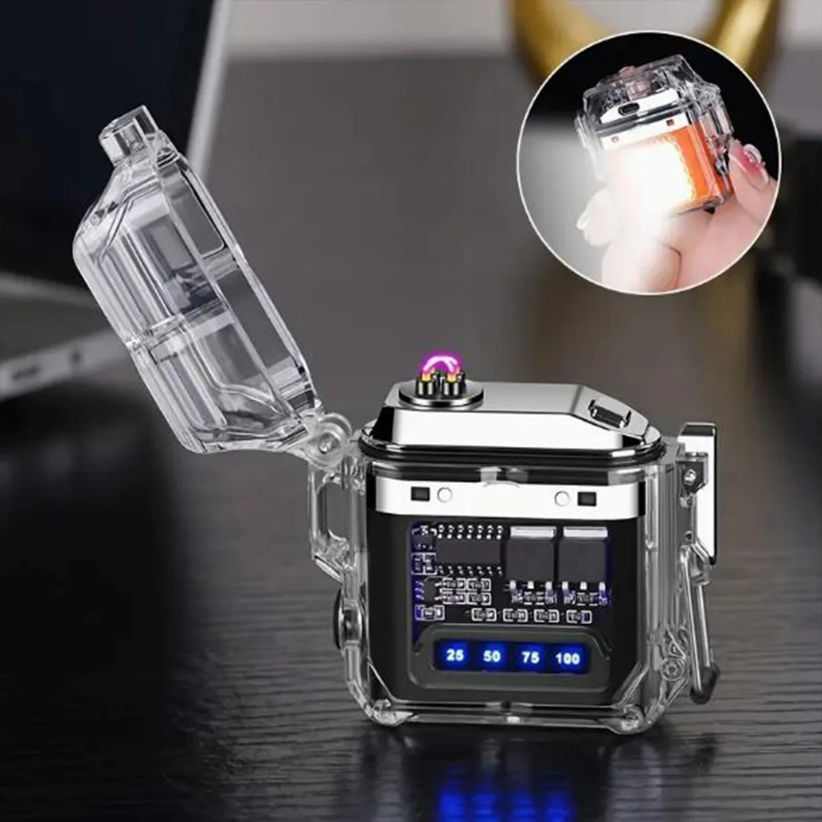 1PC Electronic lighter set, waterproof outdoor lighting lighter, battery charge display, mecha-style transparent shell with char