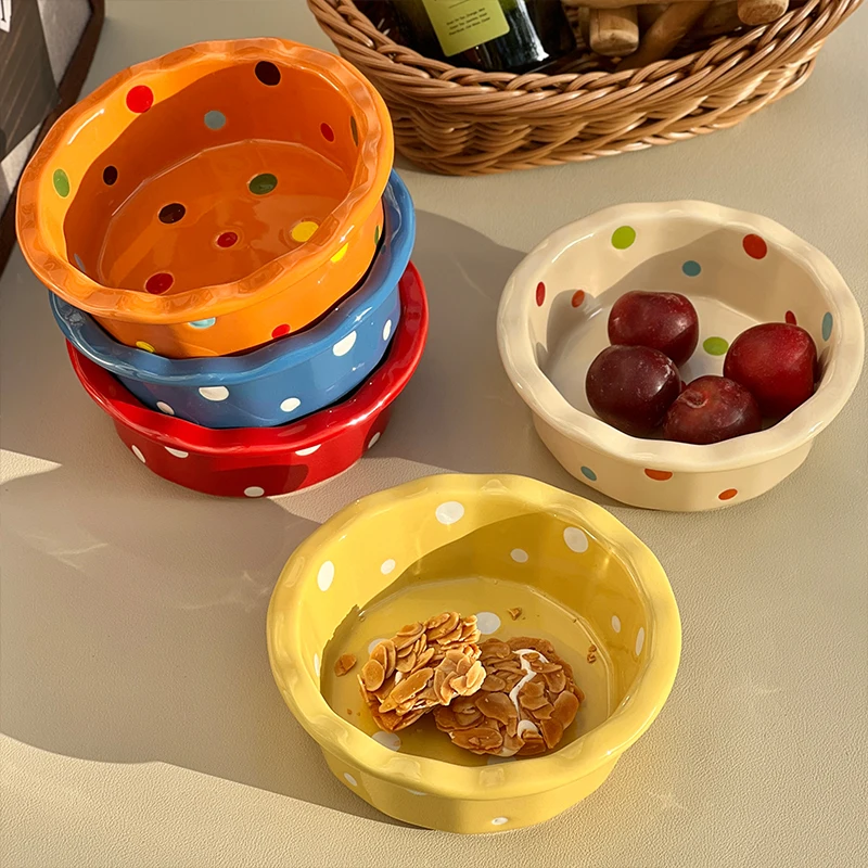 

INS Wind Yogurt Bowl, Pok Dot Lace Small Bowl, Cute Breakfast Bowl, Ceramic Household Supplementary Food Bowl, Oat Bowl