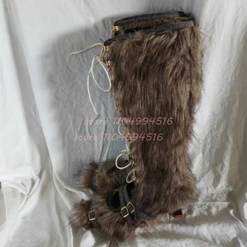 

Fur Hollow Lace Up Knee High Boots Women Buckle Strap Round Toe Kitten Heel Sandal Boots Fashion Sexy Warm Ladies Shoe New Style