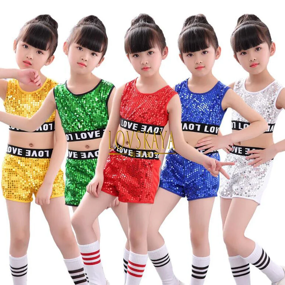 

Children Party Show Clothes Street Dance 3pcs Girls Hip Hop Modern Jazz Dance Costumes Sequined Tops Pants Coat