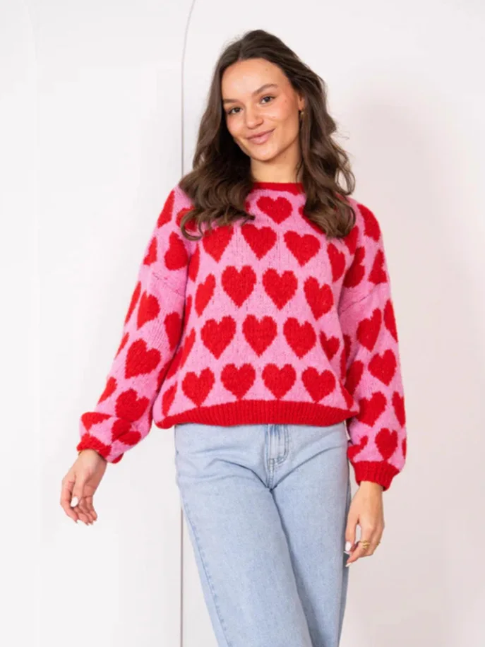 

Cute Oversized Sweater Heart Jacquard Colorblock Romantic Sweater Short Crop Knit Cozy Sweater Long Sleeve Warm Soft Pullover