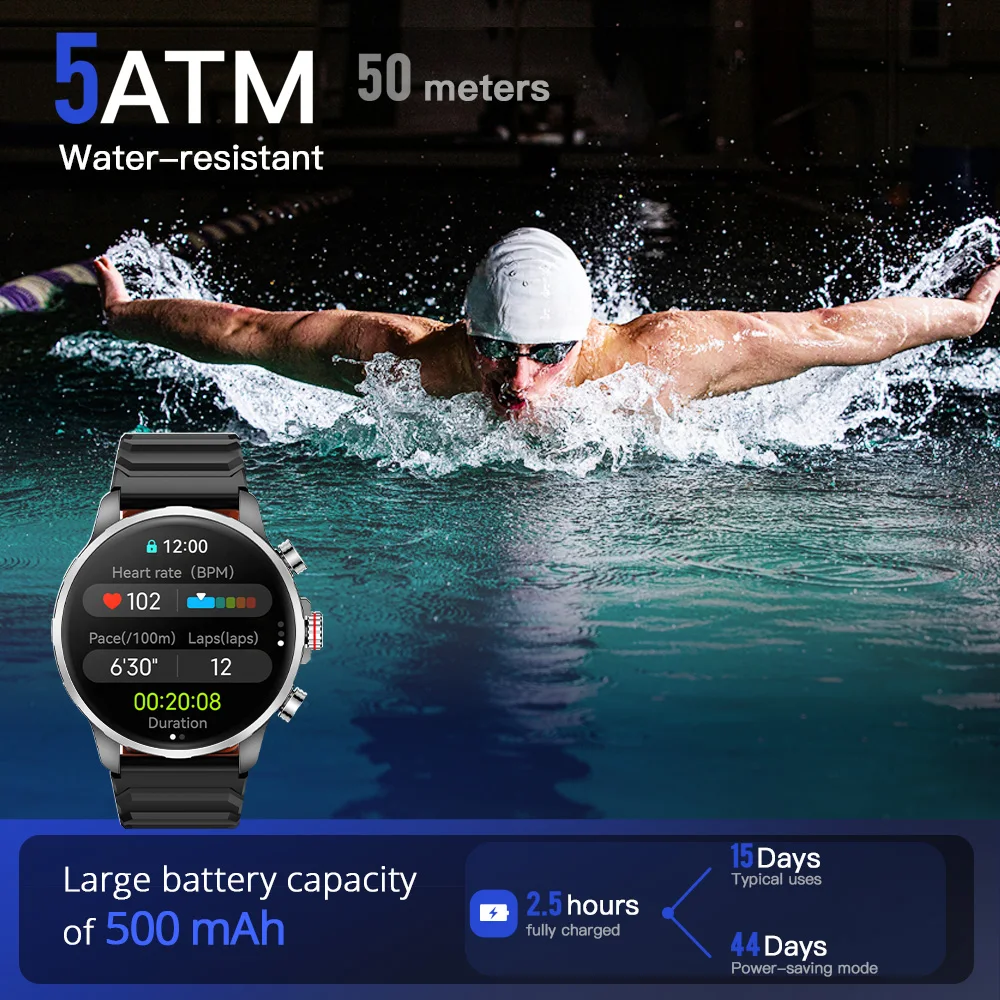 Kieslect Kr 3 Smartwatch 1.5 "FHD AMOLED عرض 5ATM مقاوم للماء GPS جهاز تعقب للياقة البدنية شاشة لمس رقمية ساعة اليد
