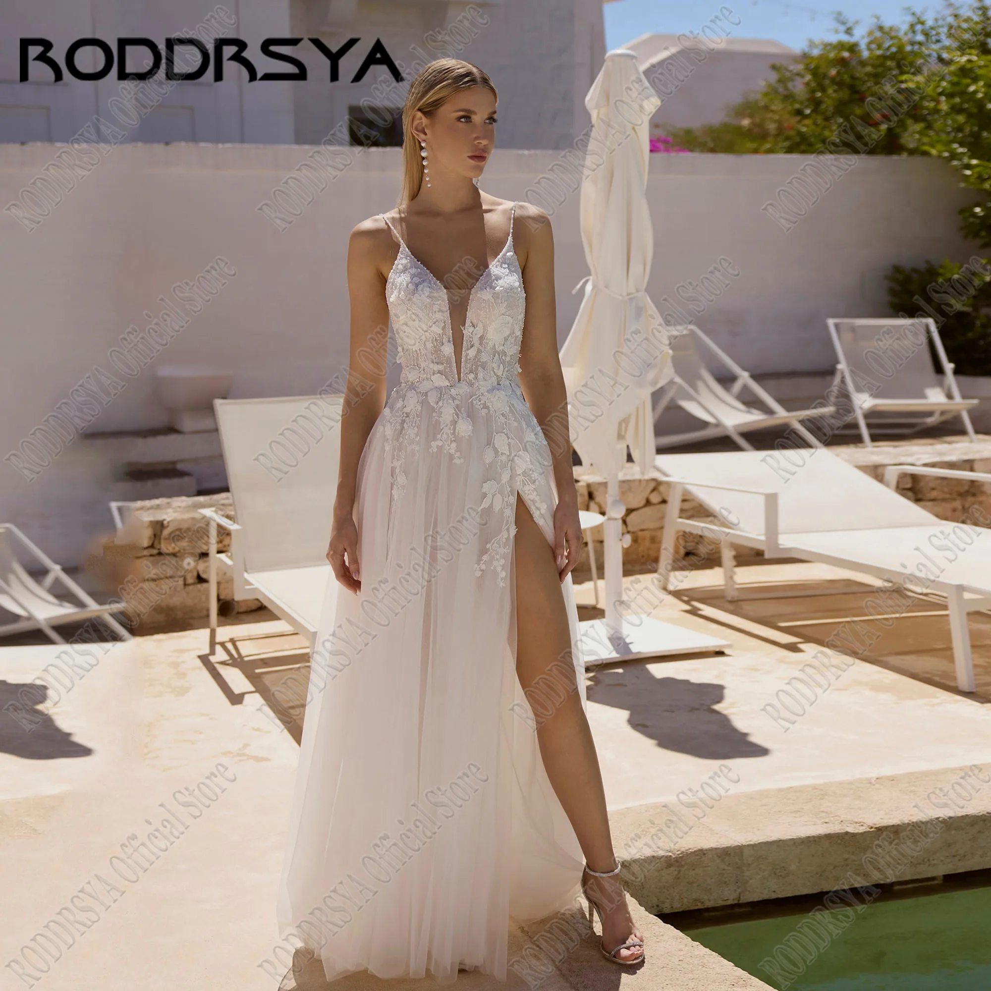 

RODDRSYA Beach V Neck Wedding Dress A-Line Side Slit Backless Appliques Bridal Gown Spaghetti Strap Vestidos De Novia Customized