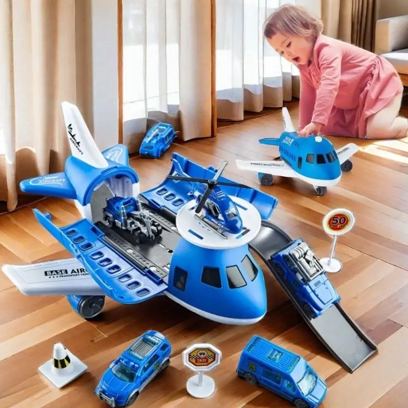 1 Set Christmas Gift Children's Airplane Car Toy Inertial Airplane Model With 6 Road Signs Random 3 Cars And 1 Helicopter