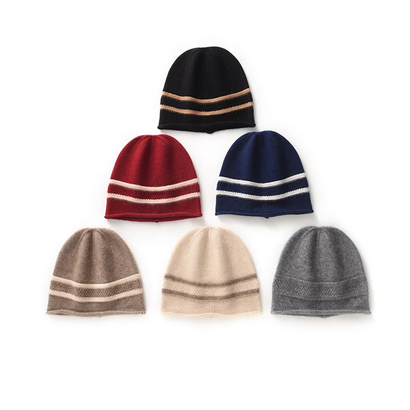 New Autumn And Winter 100% Cashmere Color-Blocked Striped Thick Knitted Fashion Beanie Hat Warm And Snug