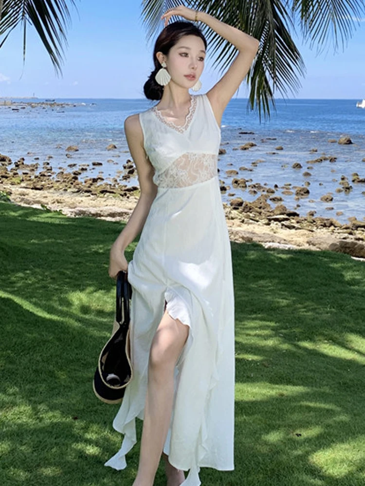 ผู้หญิงวันหยุดชุดยาวสีขาวสุภาพสตรีเซ็กซี่หวานลูกไม้ SHEER High Slit Ruffles Hook Floral Hollow Robe PARTY Holiday Vestidos