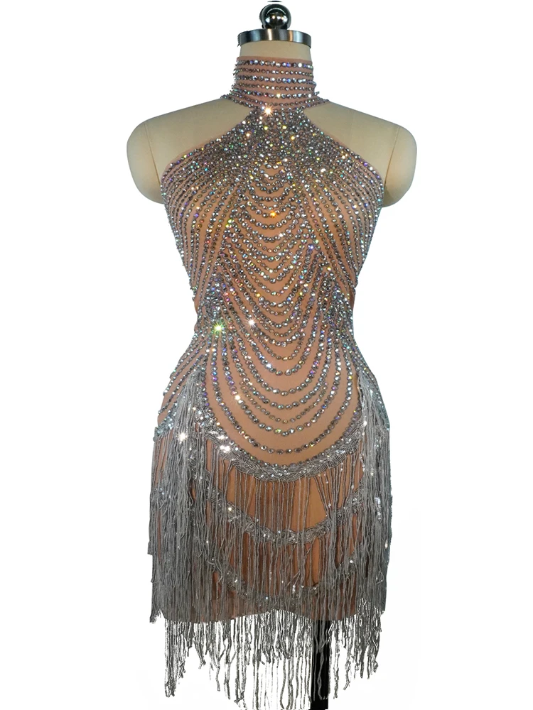 

fashion Fringes Dress rhinestone Sexy Tassel Latin Dance Stage Performance Show DS birthday party Costumes drag queen festival