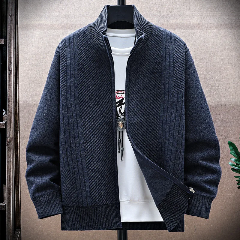 

Autumn Winter Men's Fleece Knit Cardigans Fashion Stand Collar Sweatercoat Men Thick Knitted Sweater Jacket Casual Outerwear Man
