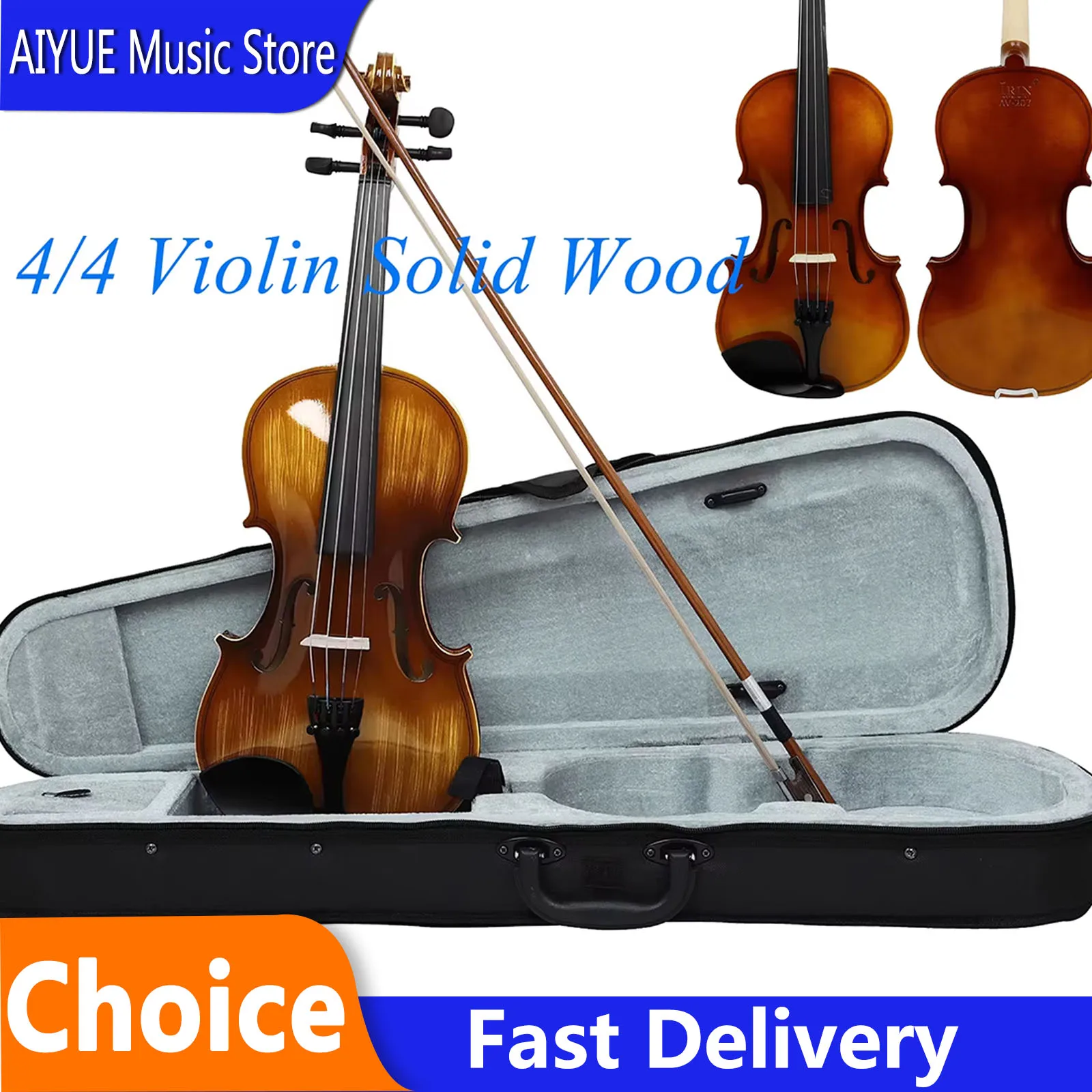 IRIN AV-207 Violine 4/4 Fiddle Massivholz Akustische Violine Saiteninstrument für Anfänger mit Bogen, Koffer und Zubehör