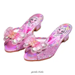 Disney Sandali estivi per ragazze Pantofola con paillettes Princesse Bambini Tacco alto Abito da festa Scarpe Elsa Pantofola in pelle per regalo per ragazze