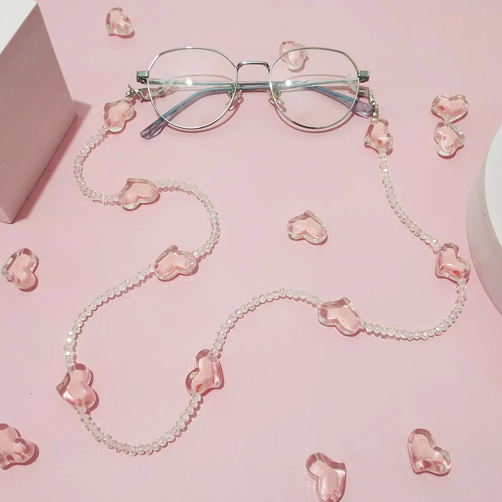 

Fashion Love Heart Sunglasses Chain Pink Crystal Anti-lost Transparent Bead Chain Hanging Rope Sunglasses Lanyard Women