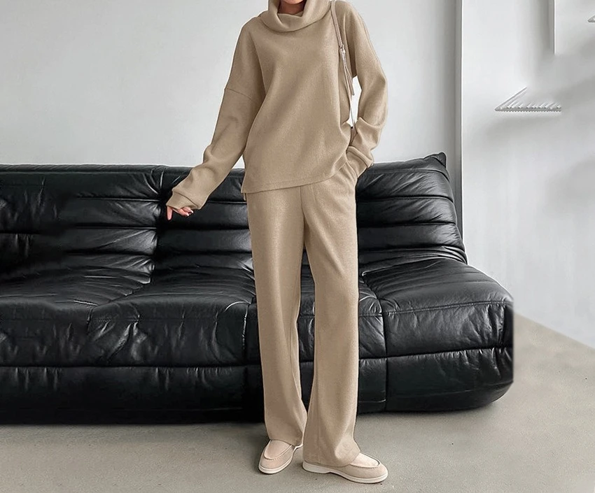 

Autumn and Winter Khaki High Collar Knitted Sweater Set for Women Simple and Casual Bottom Coat Top Pants Two Piece Set